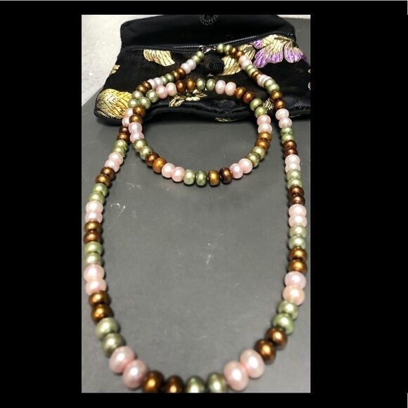 Honora Multi-Color Pearl Necklace & Bracelet Set Sterling Silver 925 - Picture 2 of 5